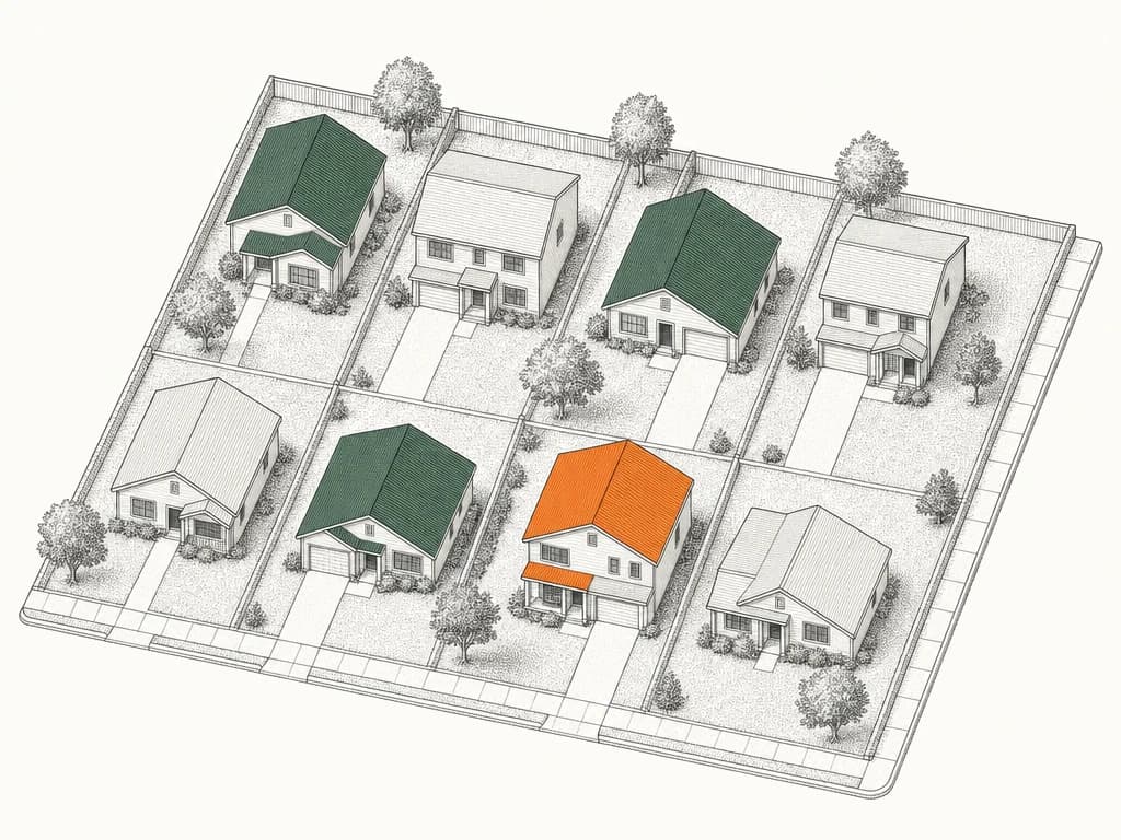 Field-plate axonometric of a suburban block with highlighted roofs