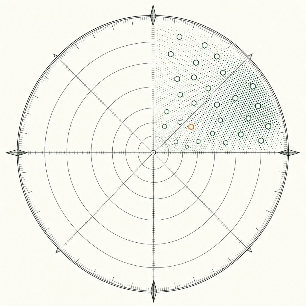 Technical field-plate of a weather-radar chart with azimuth lines and detection cells