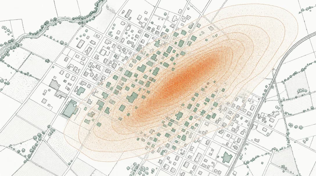 Field-plate map of a hailstorm footprint over a street grid