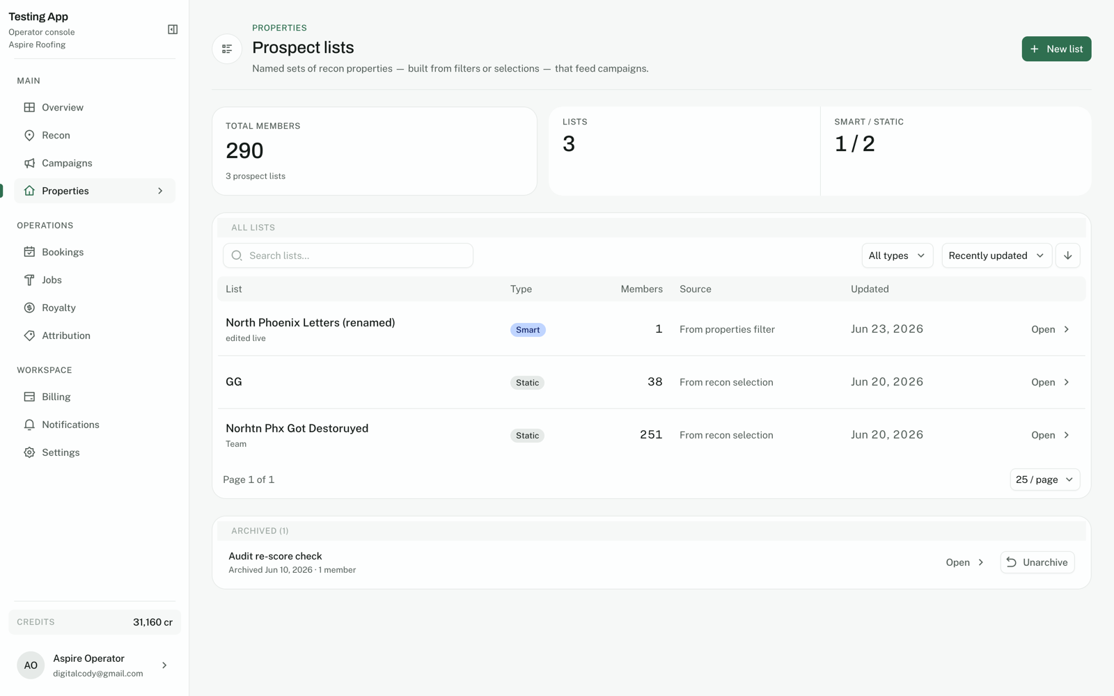 Ranked list of candidate properties with scores and mailer tiers beside the map