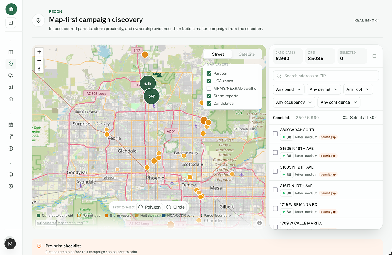 Map-first discovery — the Hail Trigger app.hailtrigger.com/recon screen